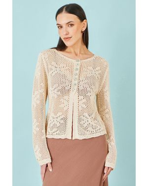 Yumi' Flower Crochet Button Up Cardigan - Natural