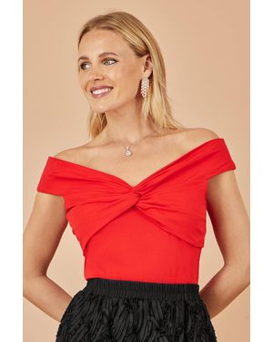 Yumi' Jersey Cotton Bardot Top With Knot Detail - Red
