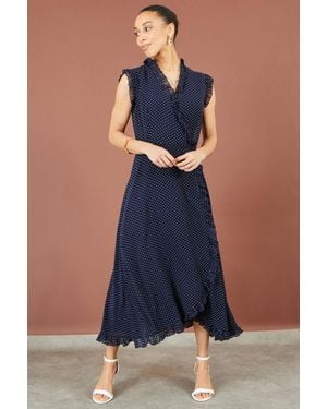 Yumi' Polka Dot Midi Wrap Frill Dress - Blue