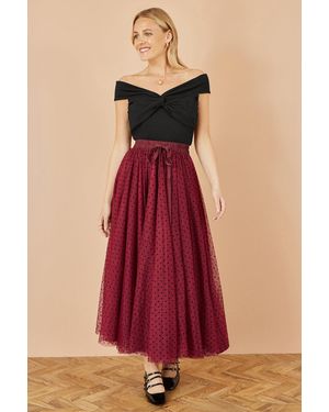 Yumi' Mesh Heart Print Tulle Skirt - Red