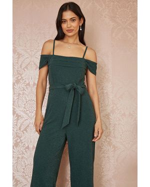 Yumi' Sparkle Stretch Bardot Jumpsuit - Green