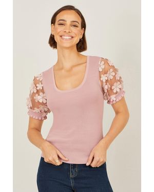 Yumi' Knitted Top With Floral Applique - Pink