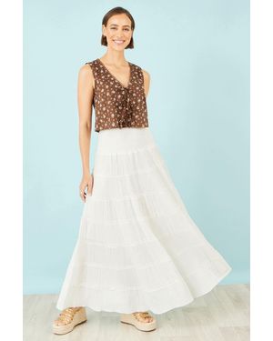 Yumi' Double Cotton Tiered Boho Maxi Skirt - White