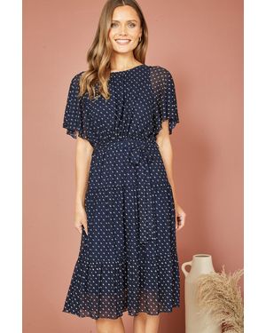 Yumi' Dot Print Mesh Stretch Midi Skater Dress - Blue