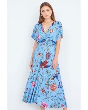 Yumi' Viscose Bird And Floral Print Midi Dress With Ruched Waist - Blue