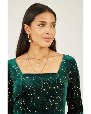 Yumi' Star Foil Print Long Sleeve Skater Dress - Green