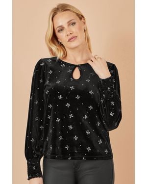 Yumi' Sparkle Bow Print Velvet Top - Black