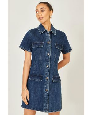 Yumi' Denim Stretch Shirt Dress With Pocket Details - Blue