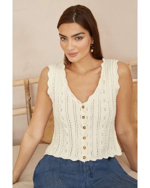 Yumi' V Neck Button Down Crochet Knitted Top - Natural