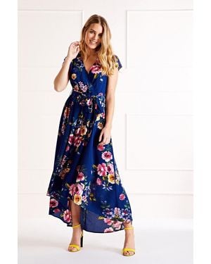 Mela Floral Wrap Over Dipped Hem Midi Dress - Blue