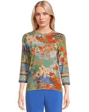 Johnny Was The Janie Favorite 3/4 Sleeve Crew Neck T-Shirts Clothing, Rayon/Spandex - Blue