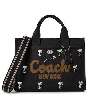 COACH X Peanuts Cargo Tote Bag With Snoopy Print Tote Handbags, Canvas - Black