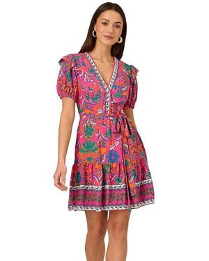 Adrianna Papell Printed Short Flounce Dress Dress Hot/Multi, Rayon/Viscose - Red