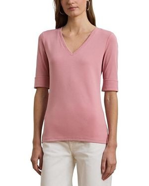 Ralph Lauren Stretch Cotton Elbow-Sleeve V-Neck T-Shirts T Shirt, Cotton/Elastane - Pink