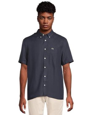 Lacoste Short Sleeve Regular Fit Linen Casual Button-Down Shirt With Front Pocket Short Sleeve Button Up Md (Euro 50) - Blue