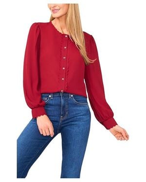 Cece Long Sleeve Button Down Scalloped Top Clothing, Polyester - Red
