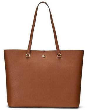 Ralph Lauren Crosshatch Leather Large Karly Tote Handbags - Brown