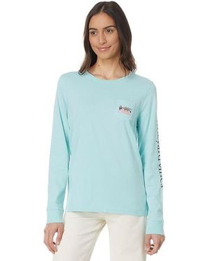 Vineyard Vines Logo Box Long Sleeve Pocket T-Shirts Clothing, Cotton - Blue