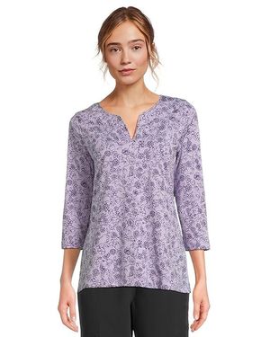 L.L. Bean Pima Tops Split-Neck Tunic 3/4 Sleeve Print Clothing, Cotton - Purple