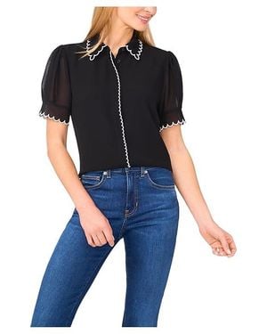 Cece Short Sleeve Scallop Contrast Trim Button Up Top Clothing, Polyester - Blue