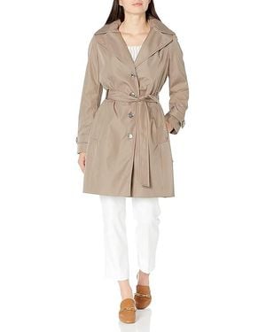 Calvin Klein Single Breasted Belted Rain Jacket With Removable Hood Coat, Polyester - Black