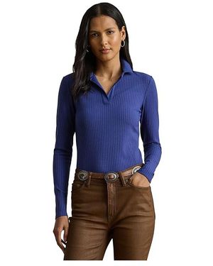 Ralph Lauren Rib-Knit Long-Sleeve Polo Top Clothing, Elastane/Polyester/Viscose - Blue