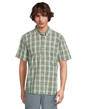 L.L. Bean Comfort Stretch Chambray Shirt Short Sleeve Traditional Fit Plaid Clothing, Cotton - Green