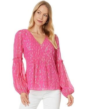 Lilly Pulitzer Cleme Long Sleeve Top Clothing Passion Fruit Mystical Viscose Metallic Clip - Pink