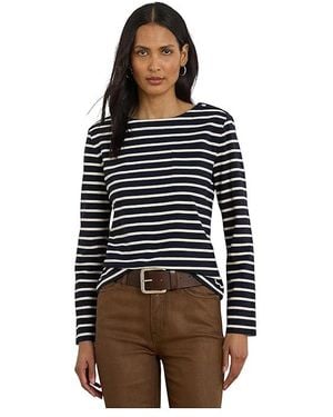 Ralph Lauren Petite Striped Jersey Snap-Trim Boatneck Top Clothing Lauren/Mascarpone Cream, Cotton - Black