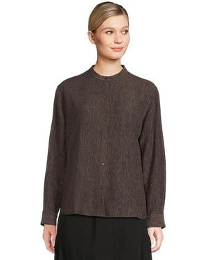 Eileen Fisher Woven Plisse Mandarin Collar Shirt Clothing, Down/Polyester/Spandex - Black