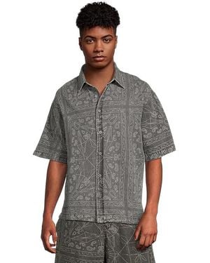 ARMANI EXCHANGE Short Sleeve Oversized Fit Cotton Linen Denim Paisley Shirt T Shirt, Cotton/Linen - Black