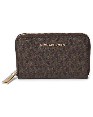 MICHAEL Michael Kors Jet Set Small Zip Around Card Case (Vanilla/Acorn) Handbags - Metallic