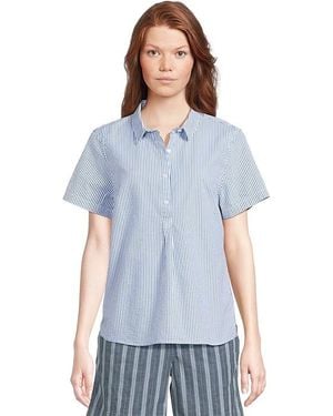 L.L. Bean Vacationland Short-Sleeve Popover Stripe Seersucker Shirt Clothing, Cotton - Blue