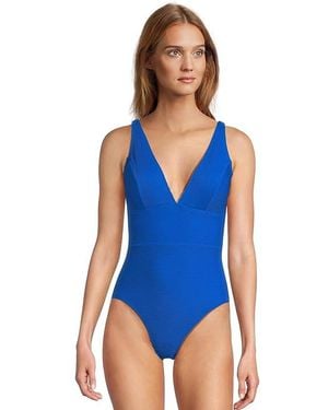 Tommy Bahama Ocean Point Over-The-Shoulder V-Neck One-Piece Swimsuits One Piece, Mesh/Nylon/Spandex - Blue