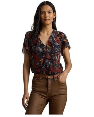Ralph Lauren Floral Ruffle-Trim Georgette Blouse Clothing, Polyester - Black