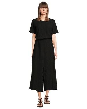 Eileen Fisher Woven Plisse Round Neck Wide Jumpsuit Clothing, Polyester/Spandex/Tencel - Black