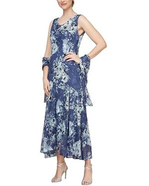 Alex Evenings Tea Length Chiffon Burnout Dress (Wedgewood) Dress - Black