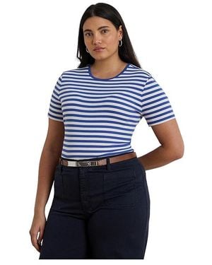Ralph Lauren Plus Size Striped Stretch Cotton Crewneck T-Shirts Clothing Lapis/ Cotton/Elastane - Purple