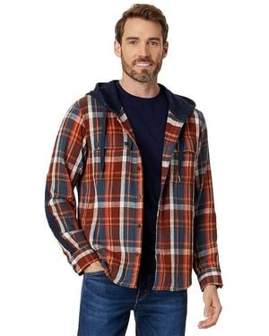 L.L. Bean Signature Heritage Textured Flannel Plaid Hooded Shirt (Dark Mariner) Clothing - Blue