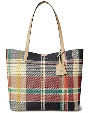 Ralph Lauren Faux-Leather Large Reversible Tote Bag Handbags Sand Dune/Sunset Plaid, Faux Leather/Polyurethane - Black