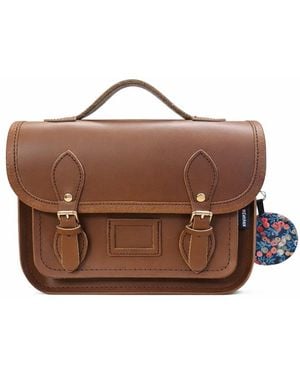 Zatchels Floral Lined Leather Midi Satchel - Brown