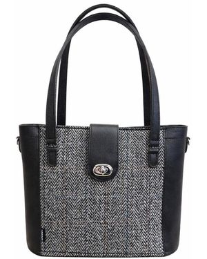 Zatchels Tannery Tweed & Leather Mini Twist Lock Shopper Bag - Black