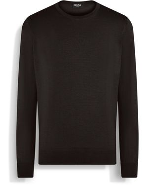 ZEGNA Pull Ras Du Cou En Cashseta Marron Foncé Chiné - Noir