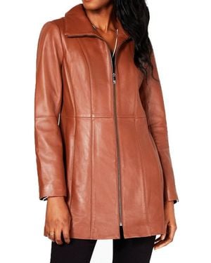 Anne Klein Stand-Collar Lamb Leather Walker Coat - Orange