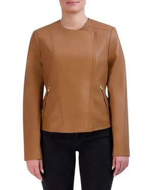 Cole Haan Asymmetrical Genuine Leather Jacket - Brown