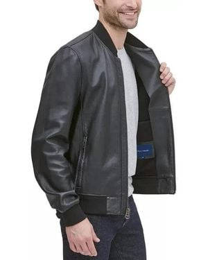 Cole Haan Bonded Varsity Genuine Leather Jacket - Gray