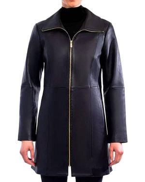 Anne Klein Petite Zip-Front Leather Coat - Blue