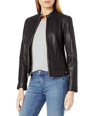 Cole Haan Racer Leather Jacket – Classic Moto Style With Snap Collar - Black