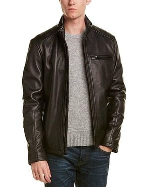 Cole Haan Stand Collar Genuine Leather Jacket - Black