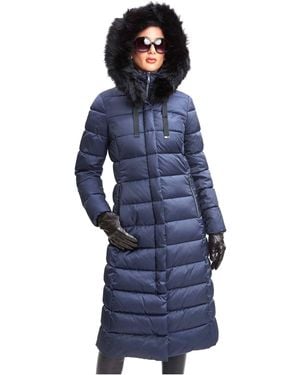 Tahari Puffer Maxi Winter Coat With Removable Faux Fur Trim - Blue